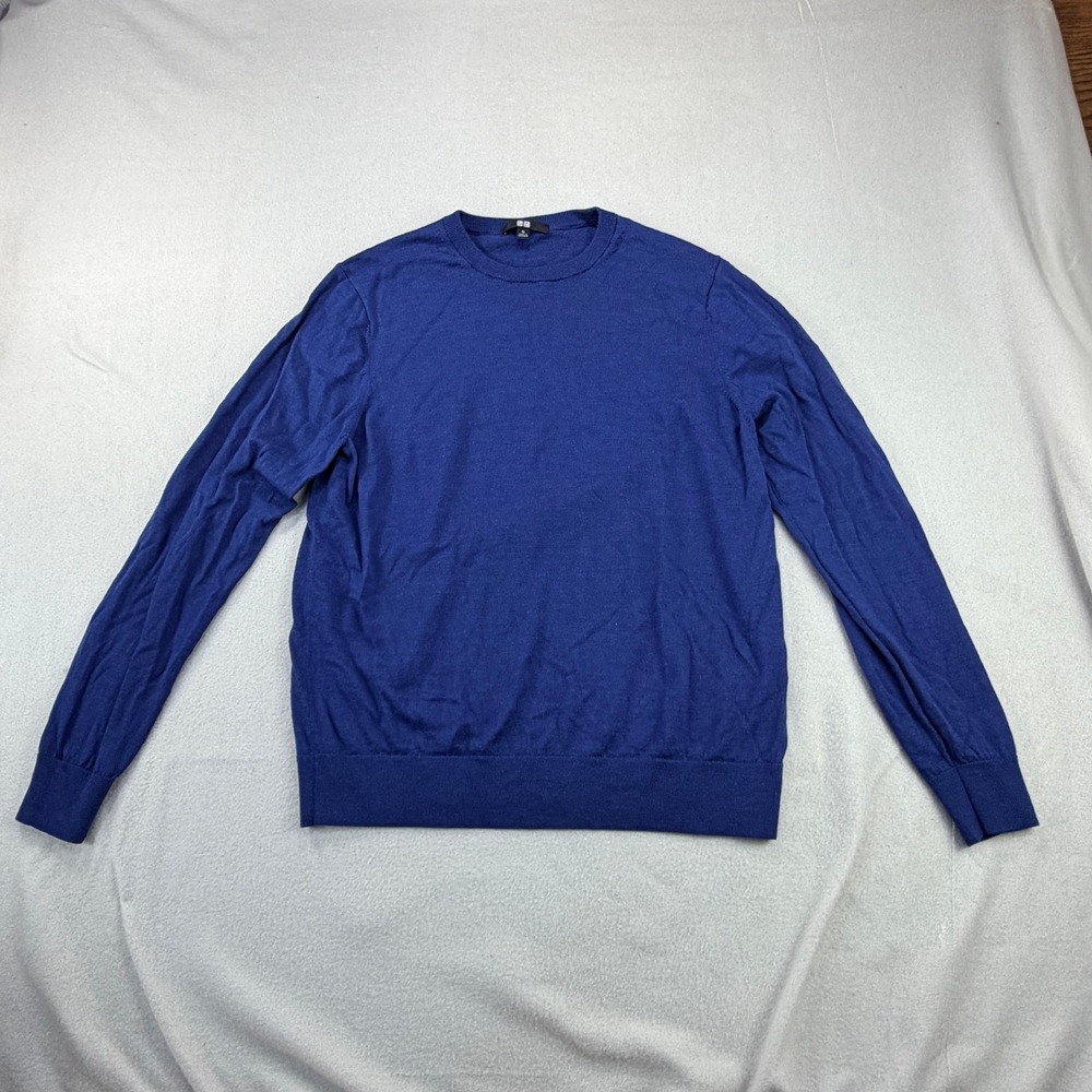 Uniqlo Women XL Blue 100% Wool Fine Knit Crew Neck Sweater 469410